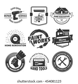 House remodeling logos. Vector badges for home renovation services. Set of vintage labels with hand tools and equipment