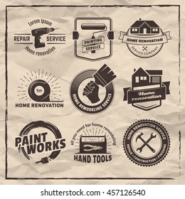 House remodeling logos. Vector labels for home renovation services. Set of vintage badges with hand tools and equipment on a paper background