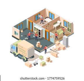 House removal service. Company loader and transporting workers in new house men lifting sofa and boxes in truck vector outdoor isometric picture