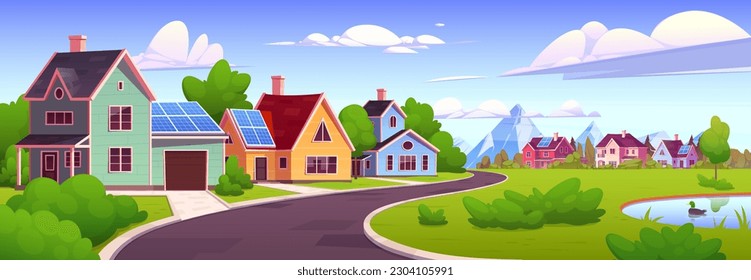 Casa con panel solar de energía renovable en el techo. Sistema verde fotovoltaico para la construcción de casas en el fondo vectorial de caricatura de pueblo. Suministro sustentable moderno para electricidad inteligente autónoma en la azotea.