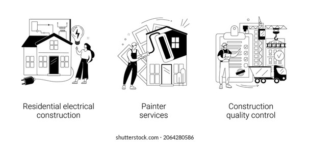 House renovation abstract concept vector illustration set. Residential electrical construction, painter services, quality control, interior and exterior, lighting and appliance abstract metaphor.