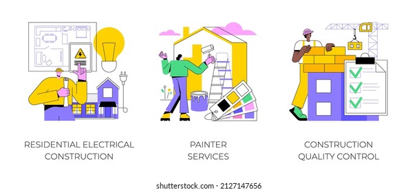 House renovation abstract concept vector illustration set. Residential electrical construction, painter services, quality control, interior and exterior, lighting and appliance abstract metaphor.