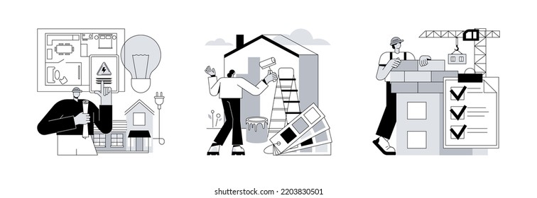 House renovation abstract concept vector illustration set. Residential electrical construction, painter services, quality control, interior and exterior, lighting and appliance abstract metaphor.