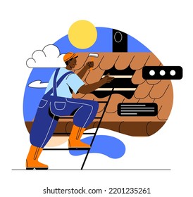 House renovation concept. Young male builder or craftsman repairing hole in roof and changing tiles. House exterior. Construction with tools. Cartoon flat vector illustration in doodle style
