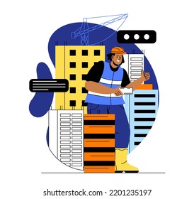 House renovation concept. Young smiling male builder creates tall buildings or skyscrapers. Home construction and architecture of city. Cartoon modern flat vector illustration in doodle style