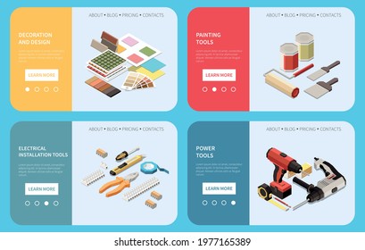 House renovation diy colorful isometric banners with 3d design painting electrical and power tools isolated vector illustration