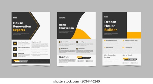 House renovation flyer design bundle. Builder poster leaflet design bundle. Flyer design 3 in 1 template bundle
