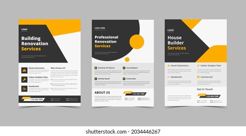 House renovation flyer design bundle. Builder poster leaflet design bundle. Flyer design 3 in 1 template bundle
