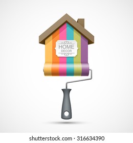 House renovation icon. Painting services icon. Colorful paint roller with house and banner for you text. Easy to change color.