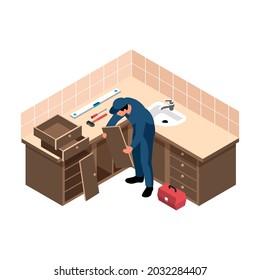 House renovation isometric icon with man assembling kitchen cupboards and drawers vector illustration