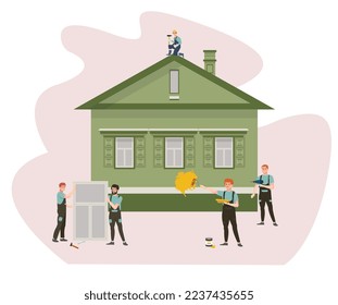 House renovation. Masters fixing wooden house. Windows installation, walls painting, drilling, renovating. Work team wearing uniform. Flat vector illustration.