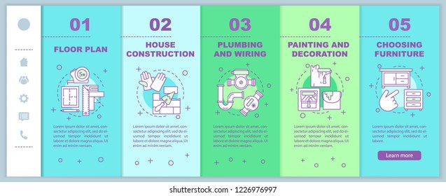 House renovation onboarding mobile web pages vector template. Construction. Interior design. Responsive smartphone website interface idea with linear illustrations. Webpage walkthrough step screens