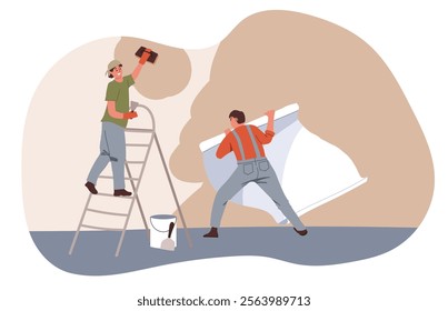 House renovation, plastering of walls. Workers level the drywall to obtain an even surface, apply putty, carry out repair work. Flat vector illustration, hand drawing.
