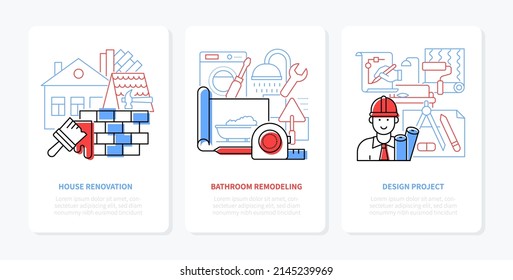 House Renovation Project Design - Line Design Style Banners Set With Editable Stroke And Place For Text. Bricklaying, Wall Painting, Plumbing, Bathroom, Drawing, Choice Of Wallpaper And Home Decor