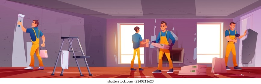 Renovación de casas, trabajos de reparación. El equipo de trabajadores pinta la pared en la sala de estar. Dibujo vectorial de constructores profesionales con rodillos de pintura, martillo, escalera y trabajos de renovación en casa