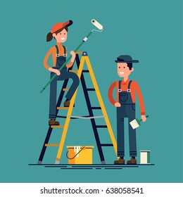 House renovation vector flat design characters with paint equipment. Young man and woman friendly smiling workers in workwear overalls with roller, brush, ladder and paint buckets