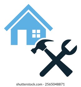 House Renovation Vector Icon, Modern Minimal Design Featuring Hammer and Wrench Symbol, Perfect for Construction, Home Repair, Remodeling Services, and Building Maintenance Concepts