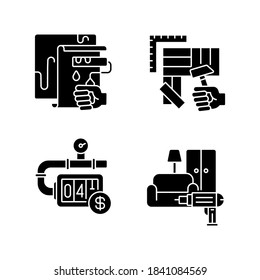 House renovations black glyph icons set on white space. Furniture installation. Flooring installation. Painting walls with roller. Gas meter. Silhouette symbols. Vector isolated illustration