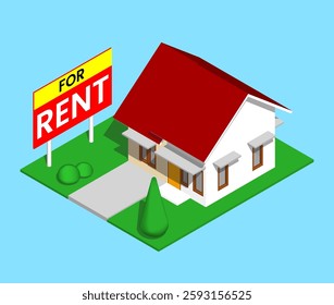 House for rent. 3D isometric illustration. Isolated vector for banner, poster, presentation, infographic, website, apps, maps, and other uses.