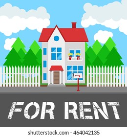 House for rent along the road. Part of the rural and urban landscape. Vector illustration in flat style.