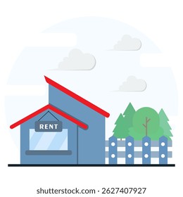 House for rent concept. Property rent with surrounded by trees and natural greenery. Real estate advertisement, suburban property listing, eco-friendly housing promotion.
