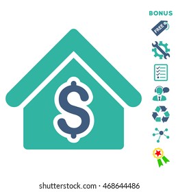 House Rent icon with bonus pictograms. Vector illustration style is flat iconic bicolor symbols, cobalt and cyan colors, white background, rounded angles.