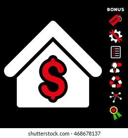 House Rent icon with bonus pictograms. Vector illustration style is flat iconic bicolor symbols, red and white colors, black background, rounded angles.