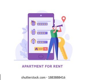 House for Rent. Man Renting Apartment with Online Service. User Looking for Apartment for Rent Online. Concept of Rent Real Estate, Home for Rent. Vector illustration for Web Design, Landing Page