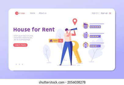 House For Rent. Man Renting Apartment With Online Service. User Looking For Apartment For Rent Online. Concept Of Rent Real Estate, Home For Rent. Vector Illustration For Web Design, Landing Page