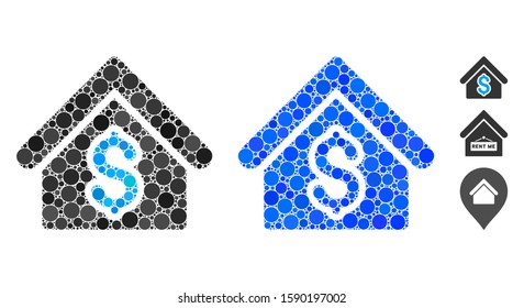 House rent mosaic of circle elements in different sizes and shades, based on house rent icon. Vector circle elements are united into blue mosaic. Dotted house rent icon in usual and blue versions.