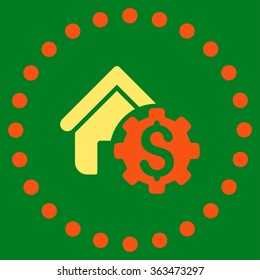 House Rent Options vector icon. Style is bicolor flat circled symbol, orange and yellow colors, rounded angles, green background.