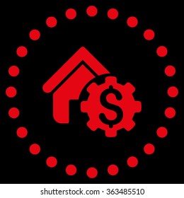 House Rent Options vector icon. Style is flat circled symbol, red color, rounded angles, black background.