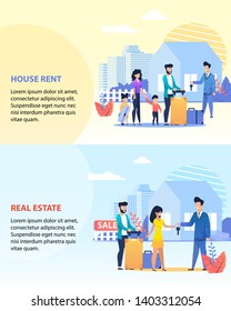 House Rent and Real Estate Text Banner Set Template. Family with Children and Young Married Couple with Luggage Taking Keys from Realtor Ready to Move in New Home. Vector Cartoon Flat Illustration