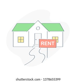 House for rent. Red for rent real estate sign in front of home. Flat outline vector illustration on white background.