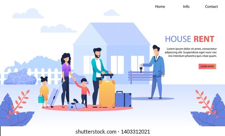 House Rent Service Flat Landing Page. Realtor Gives Keys to Family from New Home. Wife and Husband with Kids Make Deal. Success Bargain, Real Estate, Apartments Investments Vector Flat Illustration