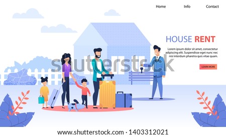 House Rent Service Flat Landing Page. Realtor Gives Keys to Family from New Home. Wife and Husband with Kids Make Deal. Success Bargain, Real Estate, Apartments Investments Vector Flat Illustration