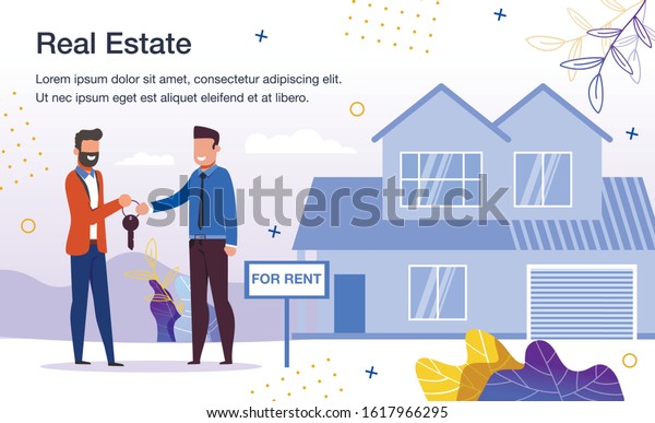 House Rent Service Trendy Flat Vector\
Advertising Banner, Promo Poster Template. Real Estate Property\
Owner, Realtor Give Keys to New Tenant, Man Renting Comfortable\
House or Cottage\
Illustration