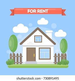 House for rent. Simple cute cartoon house with trees and clouds.