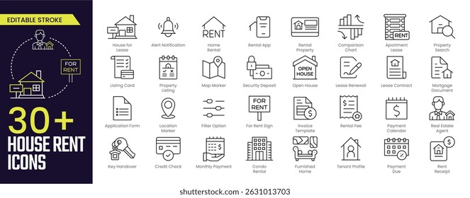 House Rent Stroke icon collections. Containing House for Lease, Home Rental, Property Search, Rental Fee, Lease Contract, For Rent, and Payment icons. Editable Stroke icon collection Outline icon