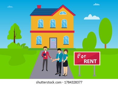 House for rent vector concept: couple talking to real estate agent happily about renting a house
