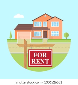 House for rent. Vector flat icon suburban american house. For web design and application interface, also useful for infographics. Family house icon isolated on white background. Real estate.