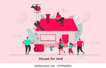 House for rent web concept design in flat style. House renting to family scene visualization. Real estate purchase and rental service. Vector illustration with tiny people characters in life situation