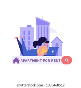 House For Rent. Woman Renting Apartment With Online Service. User Looking For Apartment For Rent Online. Concept Of Rent Real Estate, Home For Rent. Vector Illustration For Web Design, Landing Page