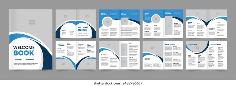  House rental welcome book design and 16 pages welcome brochure with blue colors shapes 