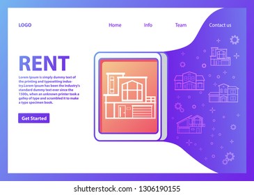 House for rent.Landing page interface design template.Web page.Website template. Rent real estate and apartments. Find a cottage.Booking hotel.Lease home.