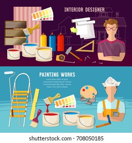 House repair banner. Painter man work with roller banner. Painter paints walls, wall-paper. Professional instrument of painter. Planning and design of repair home 