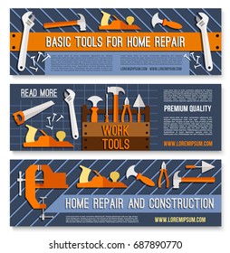 House repair banners of work tools for home renovation, carpentry or handy construction. Vector set of saw, wrench or screwdriver and plaster trowel spatula, woodwork plane gripe and vise or hammer