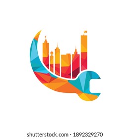 House repair company logo template. Wrench and building icon vector design.