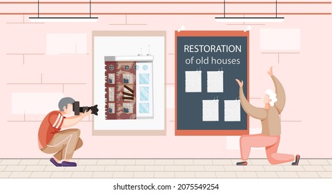 House repair, construction restoration. Before and after concept restructuring of old building. Photographer takes photo for advertisement for home renovation service. Reconstruction of cottage facade