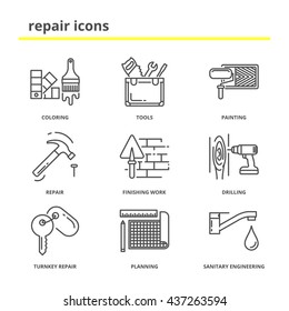 House repair and construction vector icons set: coloring, tools, painting, finishing work, drilling, turnkey repair, planning, sanitary engineering. Line style